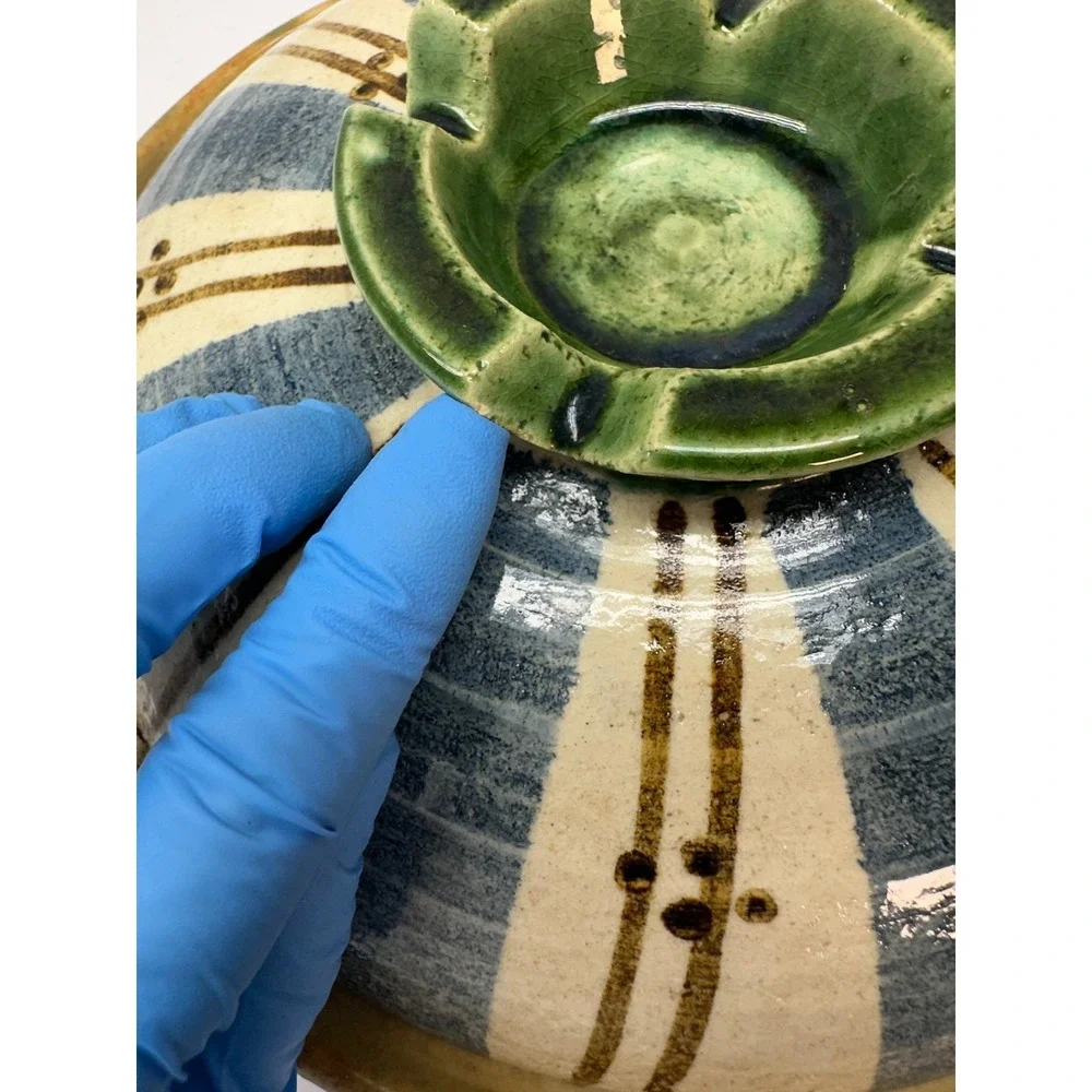 Vintage Japanese Donabe Casserole Pot Blue Striped Earthenware Cookware B-7